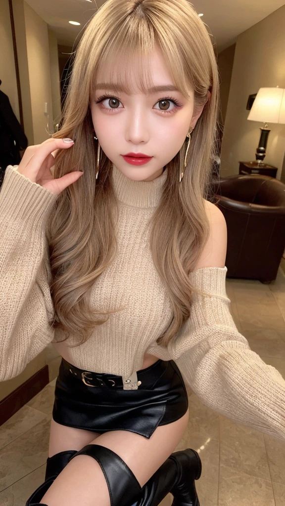 (2girls:1.4)、High resolution、blondeヘア、girl、Light Hair Color、sexy、blonde、Thin legs、Beautiful eyelashes、High resolution、Zoom out、20-year-old、 Wide viewing angles、Highest quality、Very detailed、Finer details、High resolution、8k wallpaper、Beautiful eyes in every detail、Natural lip color、Off-the-shoulder sweater、leather skirt、mini skirt、(thigh-high boots:1.2)、Long Hair、wave hair、Hotel、Cute Face、belt、Small face、looking at the camera、Earrings