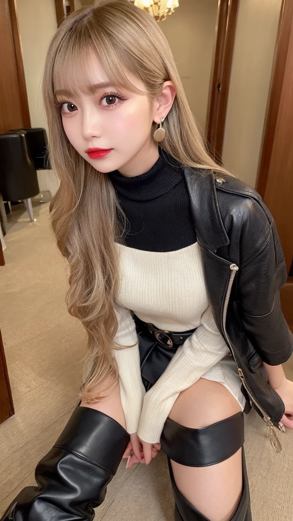 (2girls:1.4)、High resolution、blondeヘア、girl、Light Hair Color、sexy、blonde、Thin legs、Beautiful eyelashes、High resolution、Zoom out、20-year-old、 Wide viewing angles、Highest quality、Very detailed、Finer details、High resolution、8k wallpaper、Beautiful eyes in every detail、Natural lip color、Off-the-shoulder sweater、leather skirt、mini skirt、(thigh-high boots:1.2)、Long Hair、wave hair、Hotel、Cute Face、belt、Small face、looking at the camera、Earrings