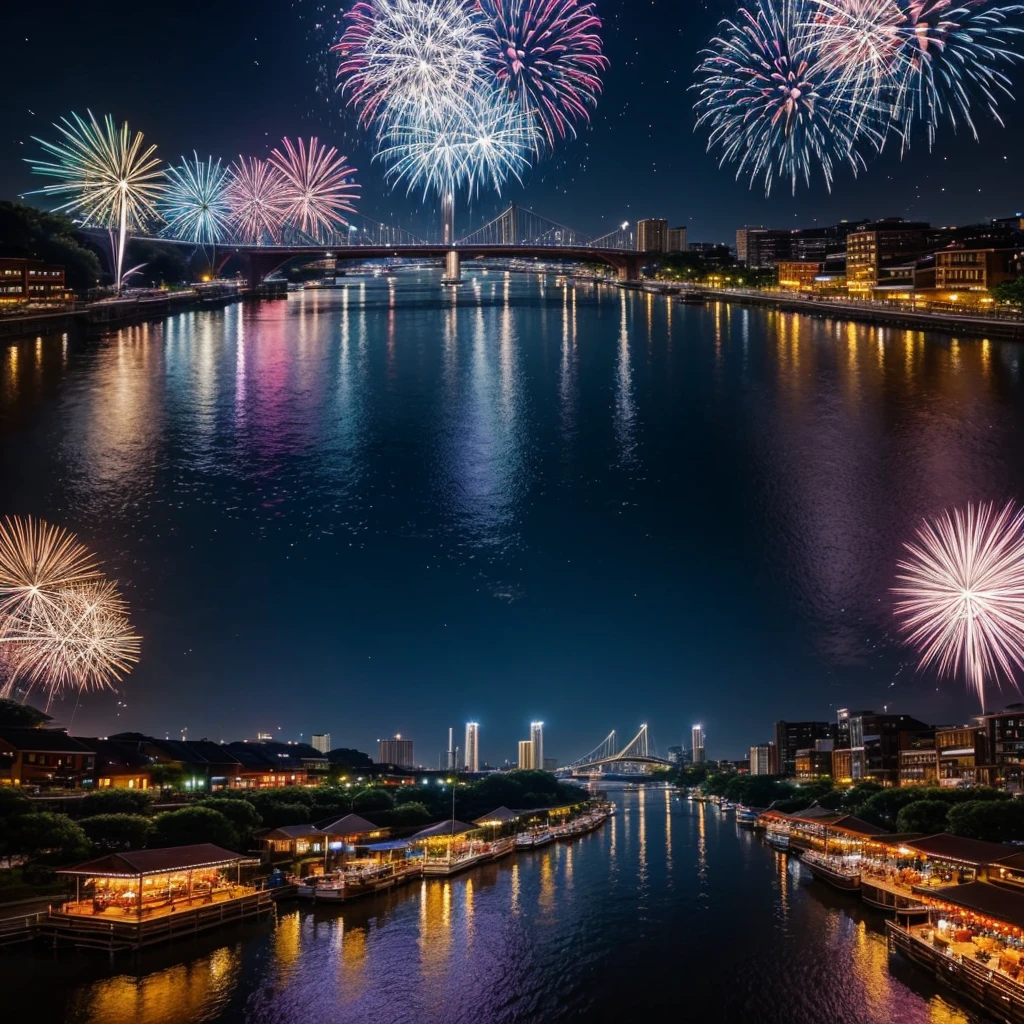 summer night、Food stalls lined up along the river、Colorful fireworks illuminate the night sky、Starry sky、And the fireworks reflected on the river。