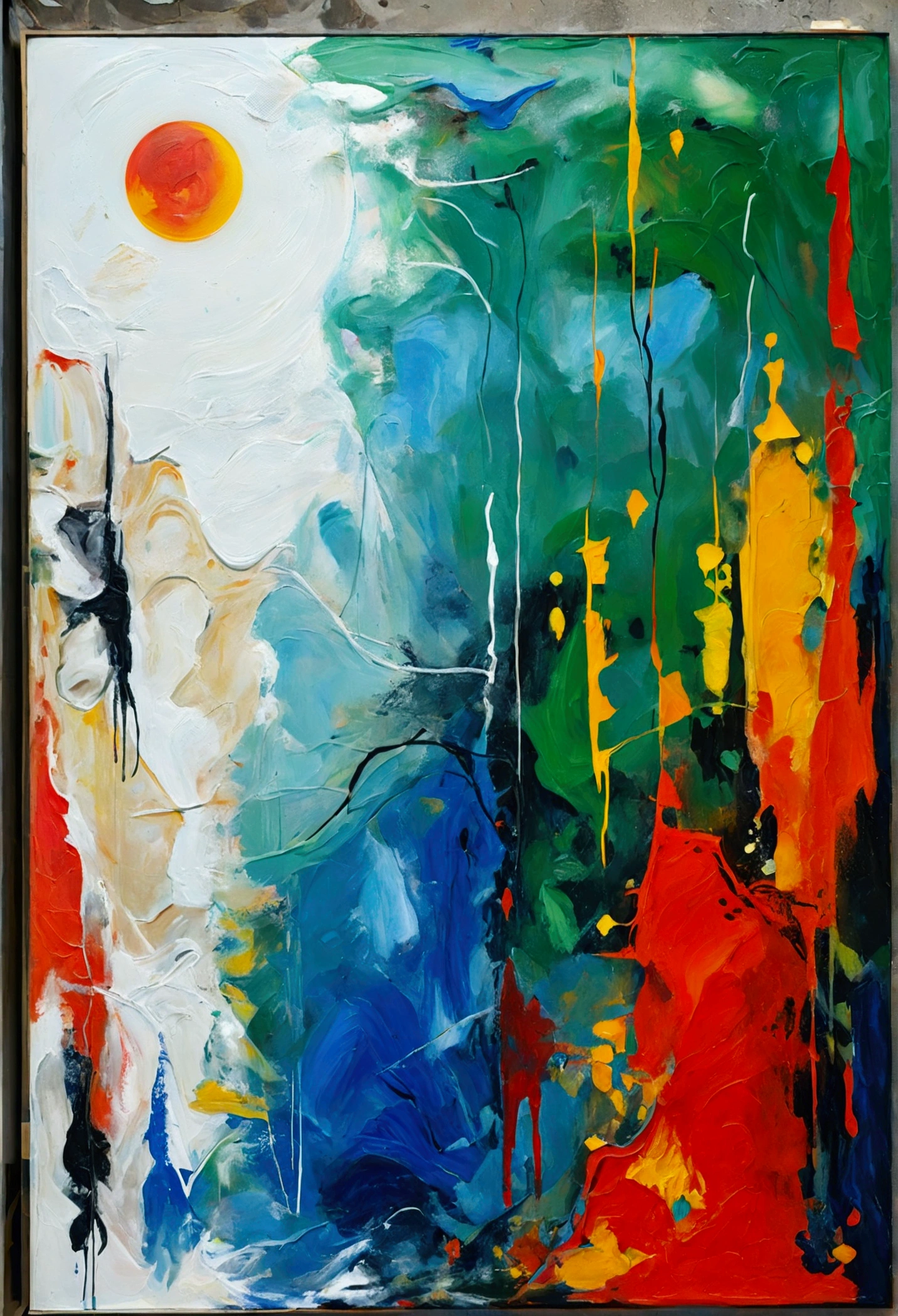Contemporary painting、Semi-figurative and semi-abstract paintings、White background、oil、drawing、Bold and unpredictable brushstrokes(Grabbing)、A green sun in the upper left corner of the screen、Cobalt Blue Lines、Red color block、yellow stain、黒いdrawingの線、Thin green etched lines、Pencil lines、Vermillion Lines、Royal blue chunks、Green sphere、Red triangle、Black Volcano(Graphical Image)、The words of a poem are faintly drawn, and are indecipherable.(The jade sun shines in the distance)、A touch of impressionism、Surrealism、Cubist composition at the bottom of the screen、Five damaged Renaissance-style human figures at the bottom of the painting(Transmittance 20%)、Animals like those in the Lascaux caves(Transmittance 50%)、Tokyo skyscrapers、
Painting scene:content「
- Vermilion Sun And the red sun symbolizes the Holy Grail The sun is a shadow that came from the origin A distant sound appears The sunlight faintly reflects our existence The rainy sky reflected in the glass is a tree々The sun descends on the dark water and the birds that embrace the night Flying away to the west
」