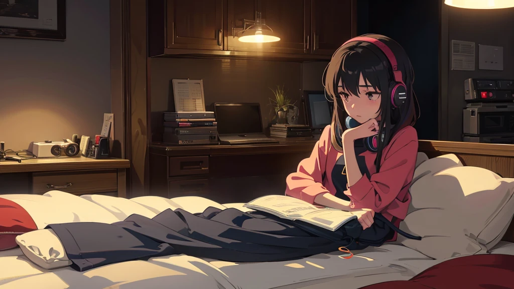 Girl listening to music in a cozy room at night, Use headphones, 2D anime style, Truly, Dark environment、Emo, 