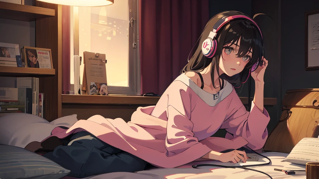 Girl listening to music in a cozy room at night, Use headphones, 2D anime style, Truly, Dark environment、Emo,