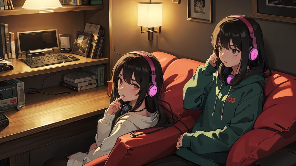 Girl listening to music in a cozy room at night, Use headphones, 2D anime style, Truly, Dark environment、Emo,