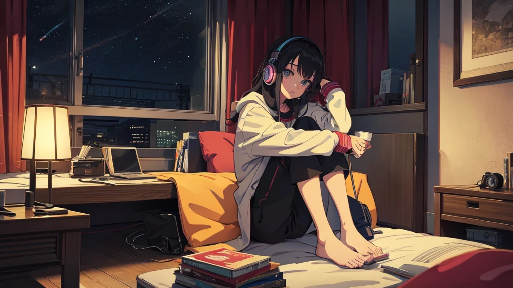 Girl listening to music in a cozy room at night, Use headphones, 2D anime style, Truly, Dark environment、Emo,