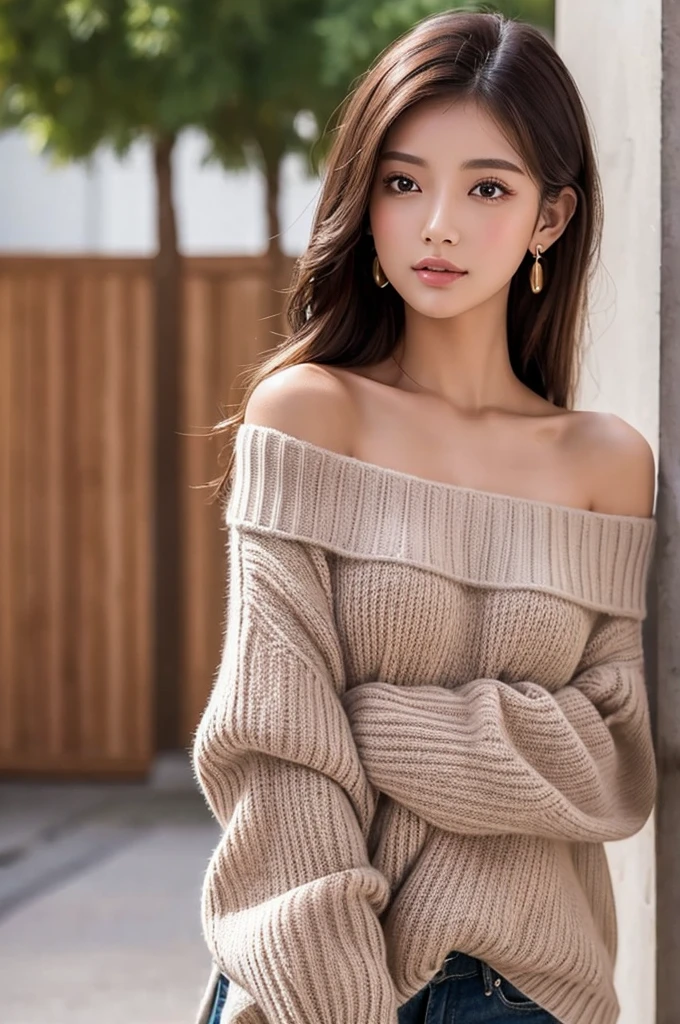 ((Highest quality)), ((masterpiece)), (detailed), One girl, Off-the-shoulder sweater,