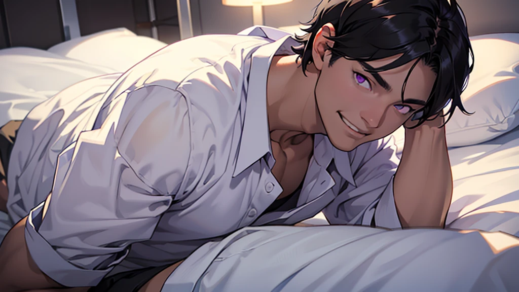 One Man, Black Hair, Short Hair, Purple Eyes, White shirt, Lie face down on the bed, Black trousers, clavicle, Smile, anime, Cinema Lighting, UHigh resolution, masterpiece, Accurate, Anatomically correct, Super Detail, high quality, 1080P, 8k, High resolution