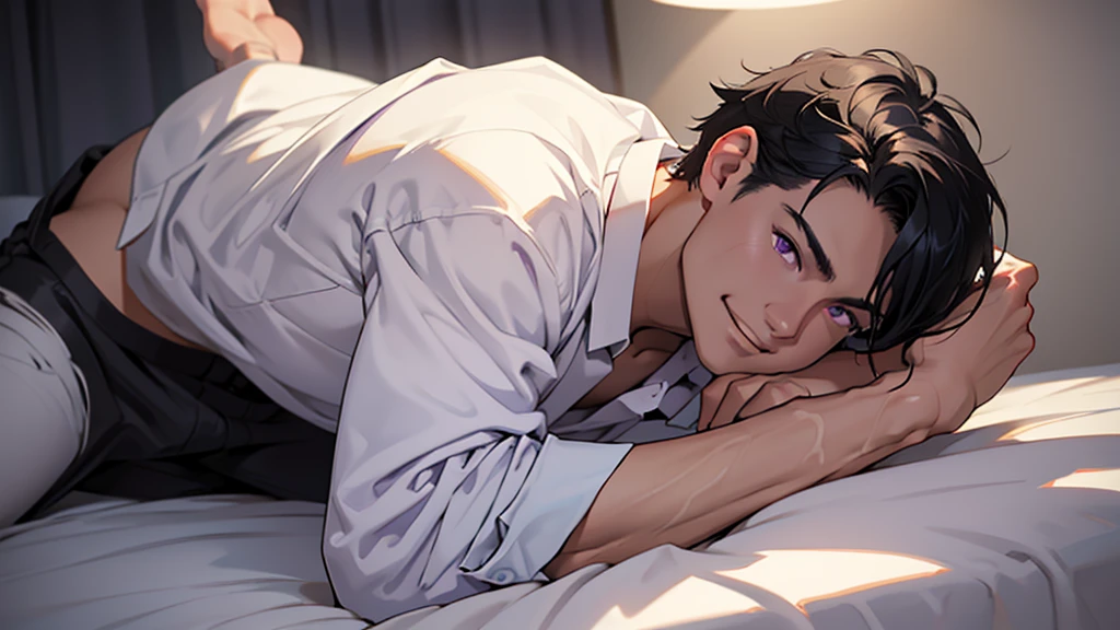 One Man, Black Hair, Short Hair, Purple Eyes, White shirt, Lie face down on the bed, Black trousers, clavicle, Smile, anime, Cinema Lighting, UHigh resolution, masterpiece, Accurate, Anatomically correct, Super Detail, high quality, 1080P, 8k, High resolution