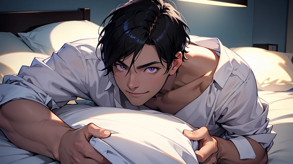 One Man, Black Hair, Short Hair, Purple Eyes, White shirt, Lie face down on the bed, Black trousers, clavicle, Smile, anime, Cinema Lighting, UHigh resolution, masterpiece, Accurate, Anatomically correct, Super Detail, high quality, 1080P, 8k, High resolution