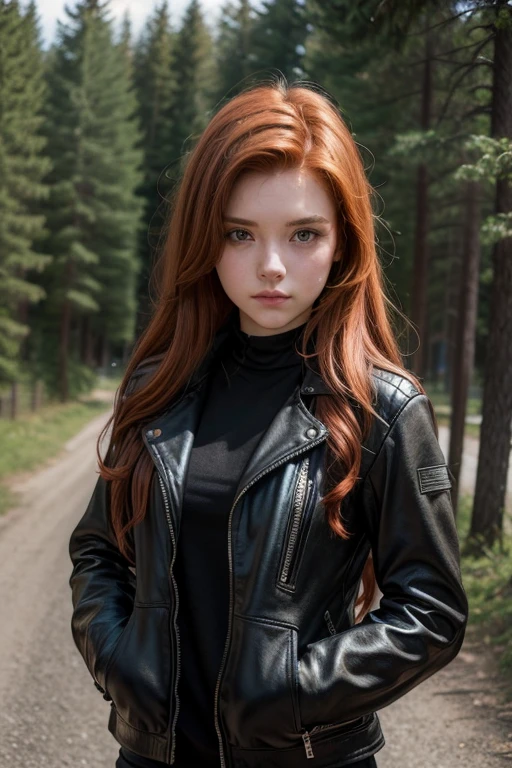 ((Best Quality)), (detailed), 1 girl, , redhead, shoulder level hair, Brown eyes, biker clothing, darks, 1 cross country bike