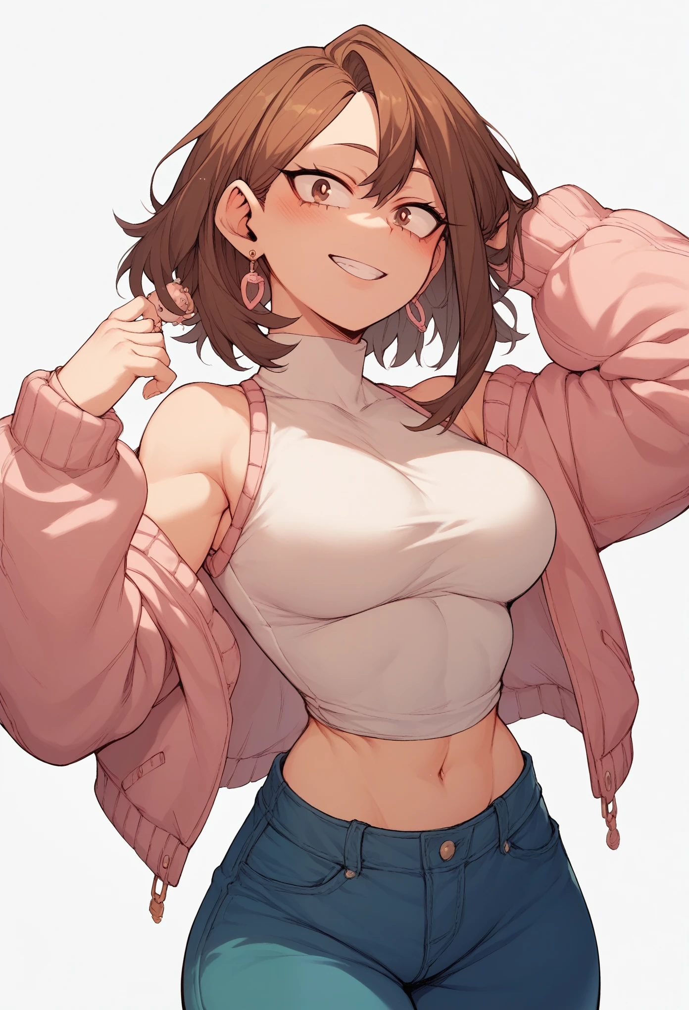 Create a my hero academia character, a girl with long brown hair, with pink clothes
