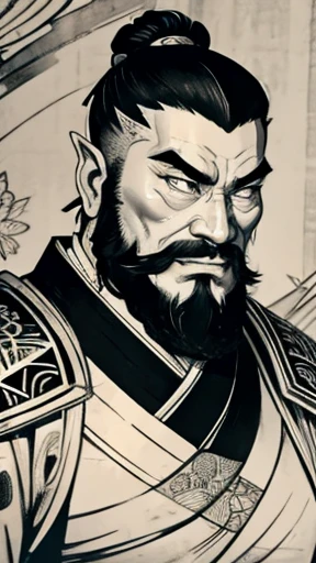 (((Monochrome)))、(((Ink Painting)))、Oriental、Ultra-high resolution、Game Poster、Crisp and beautiful image quality、beard、ancient chinese hairstyle male、Embroidered cloth wrapped around a topknot、whole body ,(Ancient Chinese armor, Dragon head on shoulder,(黒beard):1.2), (Ancient Chinese armor with intricate pattern:1.2), gloves, Long trousers, (Very detailed, bloom:1.5), (Highest quality, Concept Art, 4K), (analog:1.2), (high sharpness), (Detailed pupil:1.1), Detailed face and eyes, masterpiece, Highest quality,8k,  (Black Hair, Dynamic Short Hair), (PurerosFace_v1:0.2), [:(Detailed face:1.2):0.2], sharp, Realistic Shadow, 