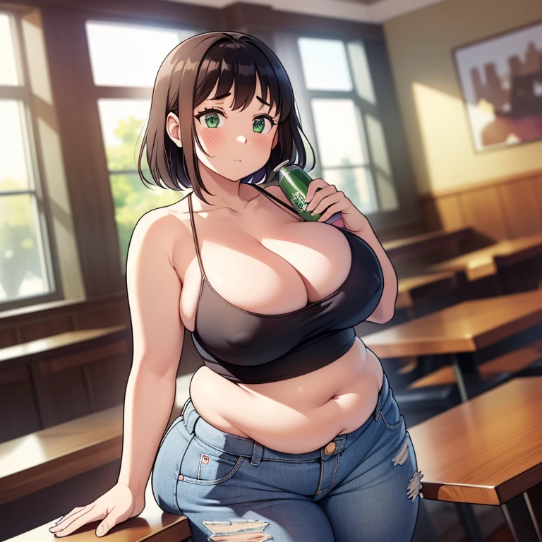 ((highres)), Masterpiece, high quality, best quality, beautiful, perfect lighting, detailed face, ultra cute face, ((1girl)), ((blush)), ((blush)), nervous, looking at viewer, skindentation, short brown hair, green eyes, jeans, tank top, thight clothes, full body, fast food restaurant, medium breasts, perky breasts, cleavage, ((wide hips)), (((thick thighs))), ((plump)), chubby belly, fat folds, standing by a table, hand on hip, holding soda,