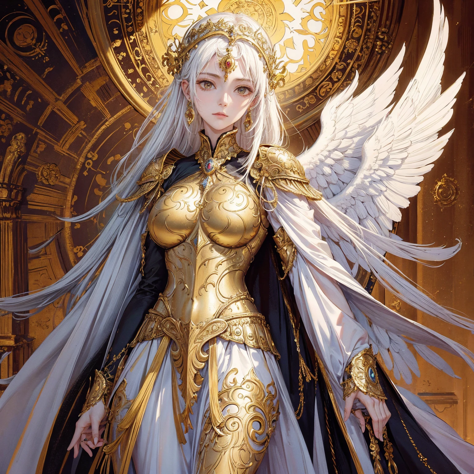 Art of elderly woman wearing sun crown, wearing ornate breastplate that shows a little skin above the chest, two huge symmetrical angelic wings spread out from the woman's back, ancient goddess art, Sacredness. Very detailed, Mysterious inspiration, Inspiration from the Sun God, Religious inspiration, Cold and snobbish face, Dangerous impersonal expressions, White hair, Standing, Full body portrait, Gothic art style, Weird art style, Occult art