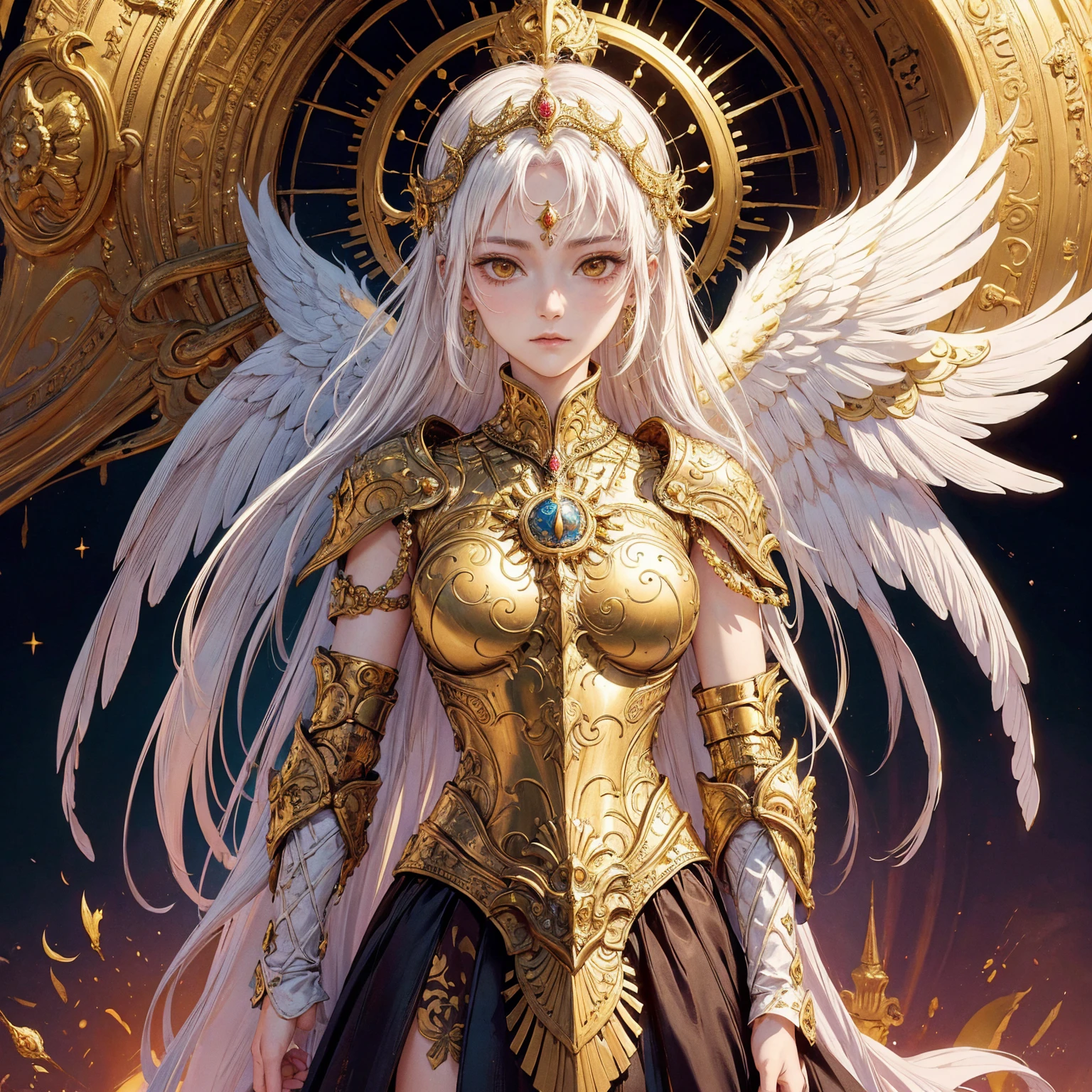 Art of woman wearing sun crown and ornate breastplate, a pair of golden-armored angelic white wings spread out behind the woman, ancient goddess art, Sacredness. Very detailed, Mysterious inspiration, Inspiration from the Sun God, Religious inspiration, Cold and snobbish face, No smile, Dangerous impersonal expressions, White hair, Standing, Full body portrait, Gothic art style, Weird art style, Occult art