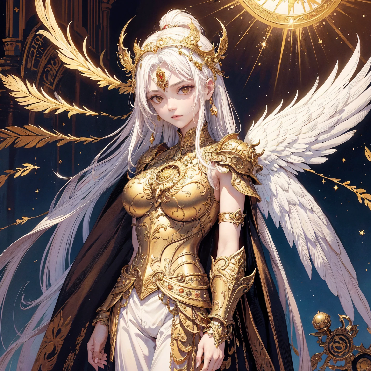 Art of woman wearing sun crown and ornate breastplate, a pair of golden-armored angelic white wings spread out behind the woman, ancient goddess art, Sacredness. Very detailed, Mysterious inspiration, Inspiration from the Sun God, Religious inspiration, Cold and snobbish face, No smile, Dangerous impersonal expressions, White hair, Standing, Full body portrait, Gothic art style, Weird art style, Occult art