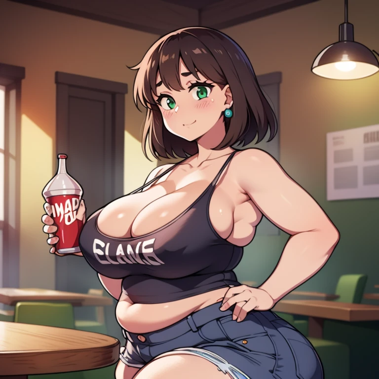 ((highres)), Masterpiece, high quality, best quality, beautiful, perfect lighting, detailed face, ultra cute face, ((1girl)), ((blush)), ((blush)), nervous, looking at viewer, skindentation, short brown hair, green eyes, jeans, tank top, thight clothes, full body, fast food restaurant, small breasts, perky breasts, cleavage, ((wide hips)), (((massive thighs))), ((plump)), chubby belly, fat folds, standing by a table, hand on hip, holding soda,