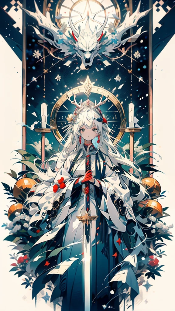 A woman with white antlers and white flowers growing in the corner，Snow-white hair hanging down，Dressed in priestly clothing，Holding a golden staff，See the golden gourd hanging