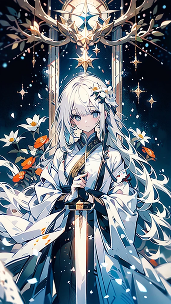 A woman with white antlers and white flowers growing in the corner,Snow-white hair hanging down,Dressed in priestly clothing,Holding a golden staff,See the golden gourd hanging