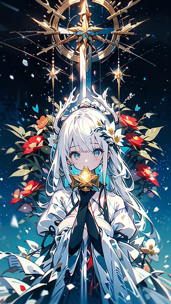 A woman with white antlers and white flowers growing in the corner，Snow-white hair hanging down，Dressed in priestly clothing，Holding a golden staff，See the golden gourd hanging