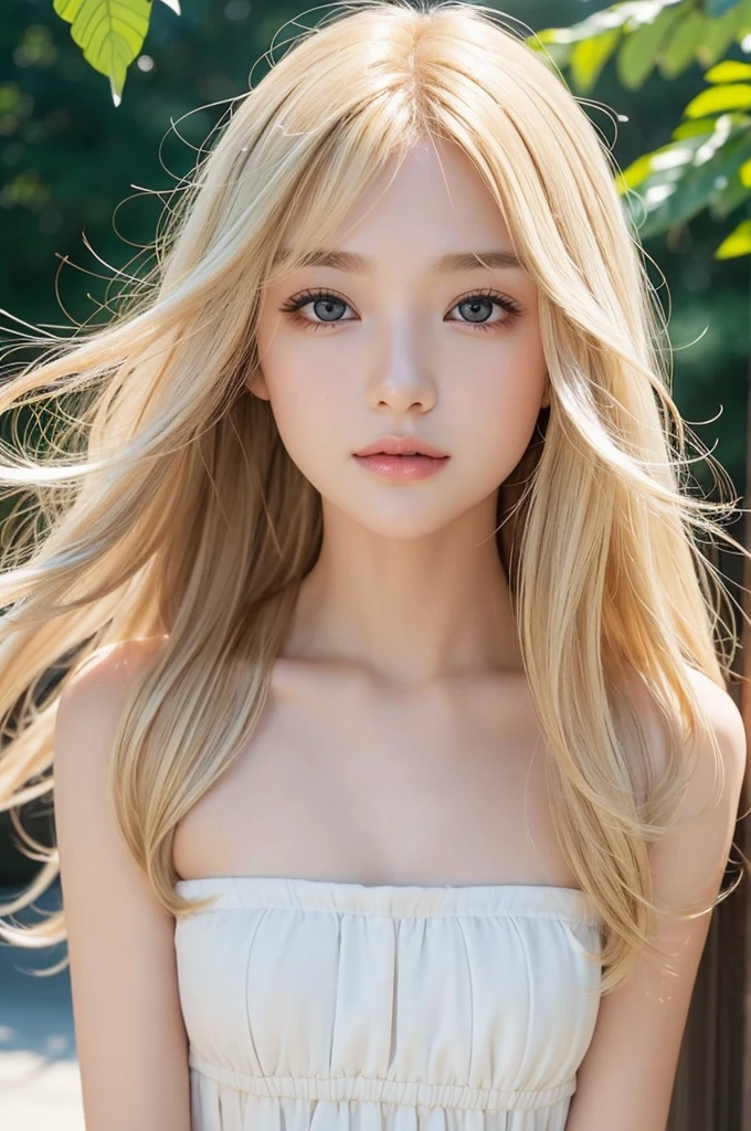 A beautiful face with blonde hair blowing in the wind、Beautiful bright light brown eyes hidden by her hair、white and shiny skin、beautifully、Very long、Shiny, silky blonde hair、美しいbangs、Sexy 18 year old very beautiful woman、Unparalleled beauty、Cheek gloss、Beautiful Skin、Small Face Beauty、eyeliner、bangs、Bang to the face、Hair above the eyes、Hair between the eyes、Round face、Strapless Summer Dress,Front facing,whole body,