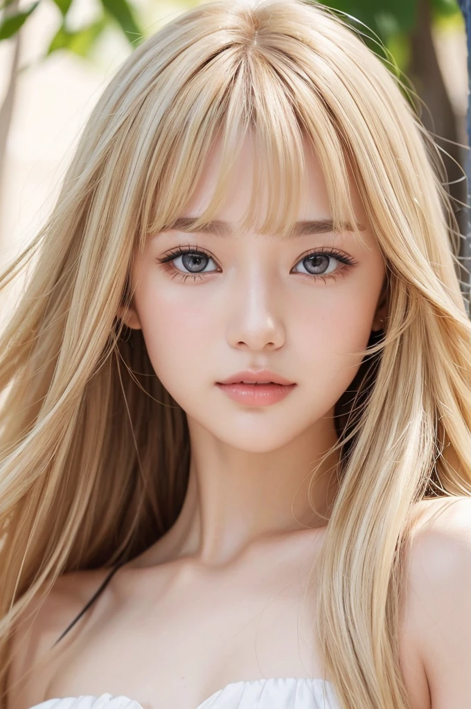A beautiful face with blonde hair blowing in the wind、Beautiful bright light brown eyes hidden by her hair、white and shiny skin、beautifully、Very long、Shiny, silky blonde hair、美しいbangs、Sexy 18 year old very beautiful woman、Unparalleled beauty、Cheek gloss、Beautiful Skin、Small Face Beauty、eyeliner、bangs、Bang to the face、Hair above the eyes、Hair between the eyes、Round face、Strapless Summer Dress,Front facing,whole body,