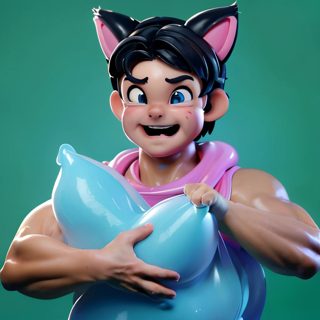 Cute  with cat ears，huge muscles all over the body，The muscle lines are very perfect，Muscles are clearly visible，Accidentally trapped in slime，Showing a frightened and shy look，