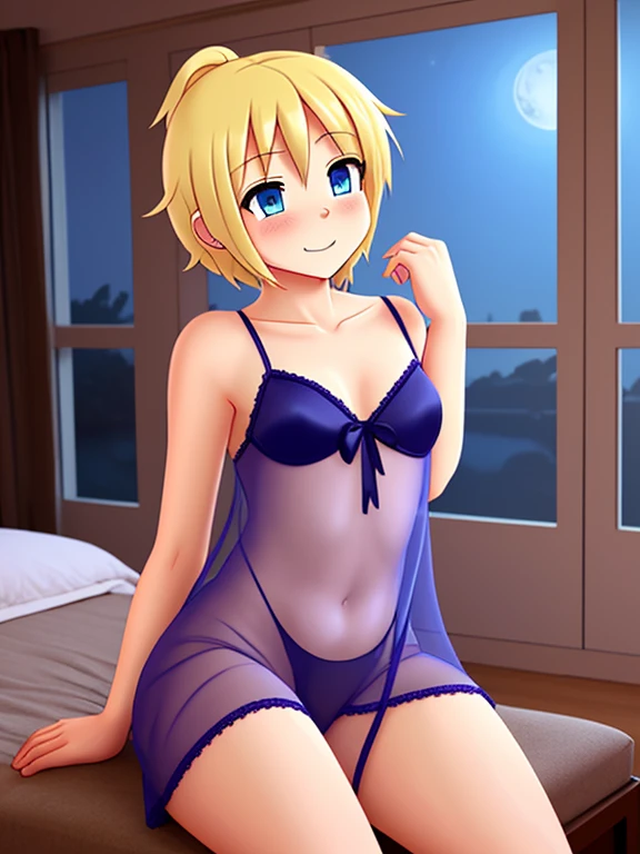 crossdressing, anime, beauty, small breasts, short hair, blonde hair, blue eyes, woman transparent sleepwear, long satin negligee, bedroom, sit, night,