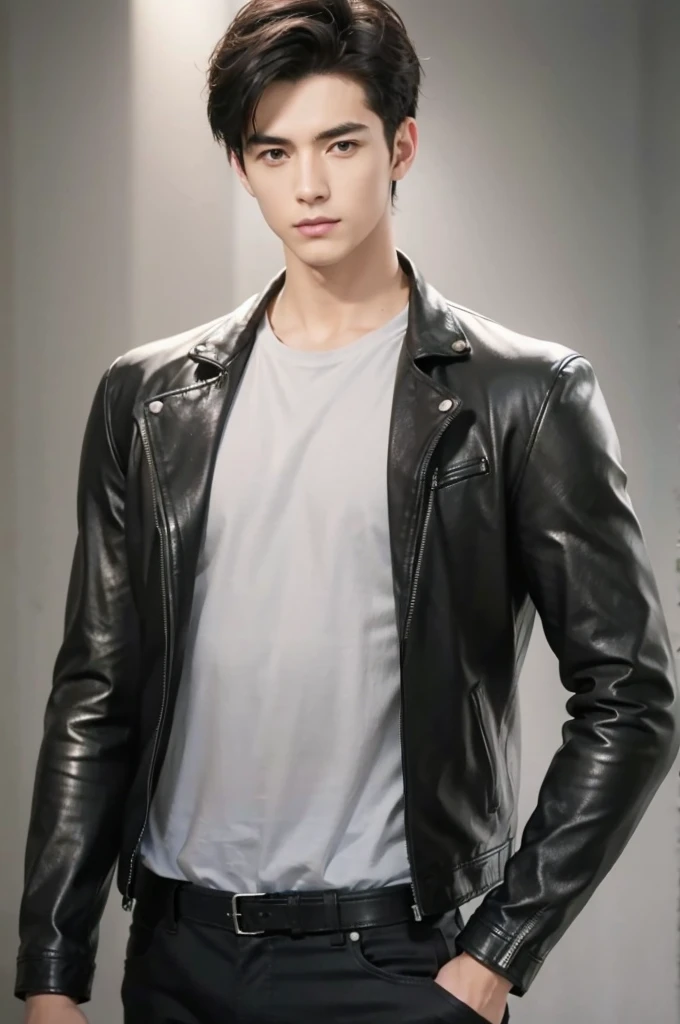 at office,wearing black leather jacket,two block haircut, Attractive man,Live-action photo,Handsome and sunny,(SLR effect,Reality,8K,Hyper-detailing,Absolute realism)
