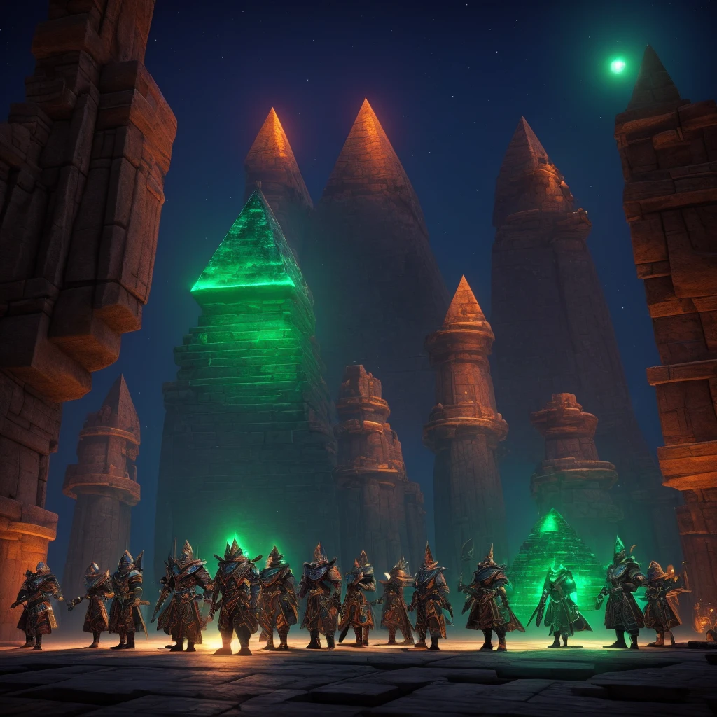 Exsactly 4 people standing next to each other, all of them outfitted in sandstone sleek armor referencing to their class 1 mage, 1 warrior, 1 tank and 1 rouge. They are all standing infront of a single huge pyramid that is clearly a dungeon by its entrance with huge orange and green lights sprouting from the armor and the  pyramid. Its night time with the armor itself, the stars and the pyramid lighting the photo. 