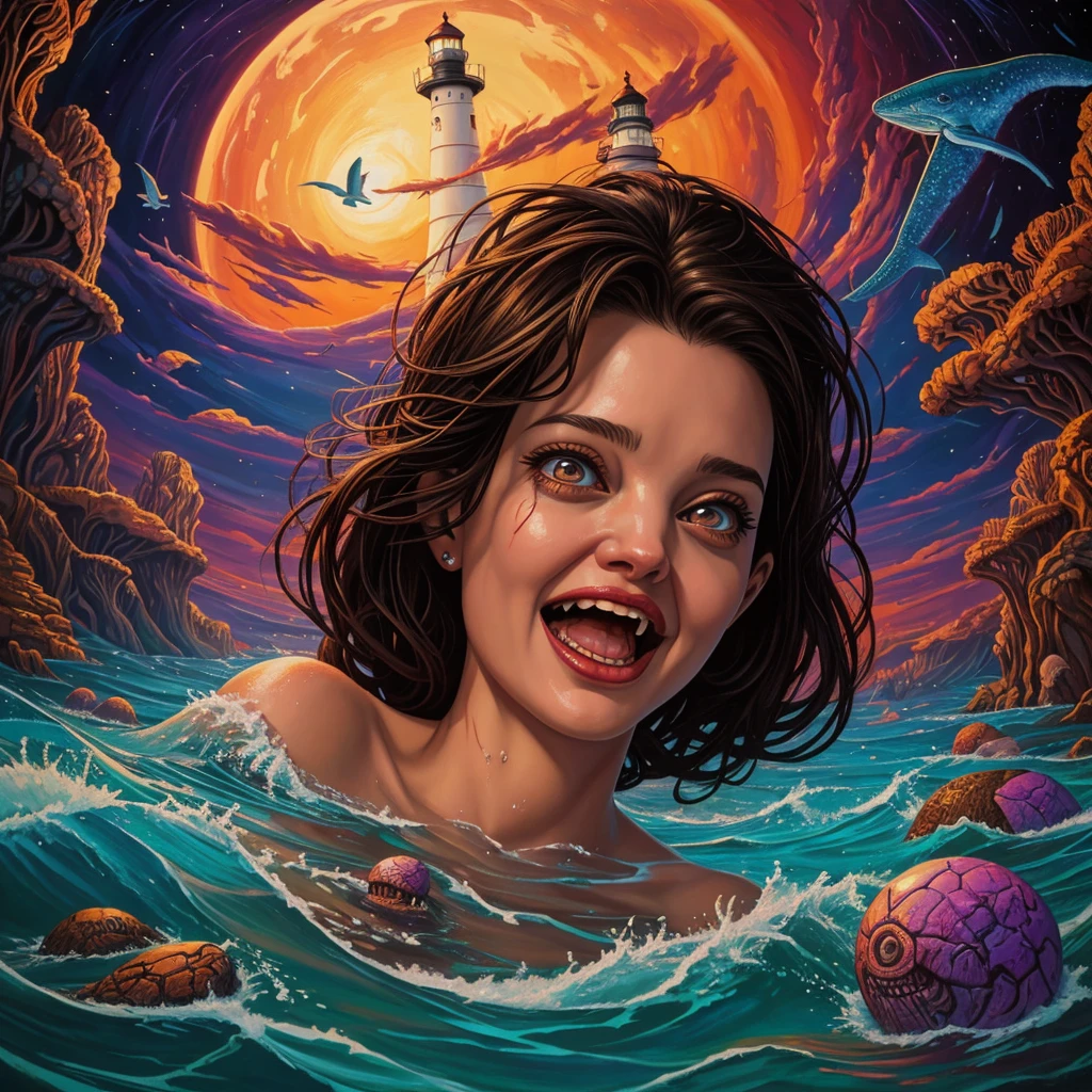 oil painting of a woman with face of Winona Ryder morphed with Angelina Jolie laughing while laying back on the calm water, mouth full of water, puffed out cheeks, tears of joy, gigantic breast pointing up sticking from the water surface like two islands, shark finn, lighthouse in the background, shamanic horror lsd art, psychedelic cosmic horror, psychedelic surreal art, anya_taylor-joy, surreal painting, horror surreal art, hallucinatory art, trippy art, surreal concept art, casey weldon, scary color art in 4k