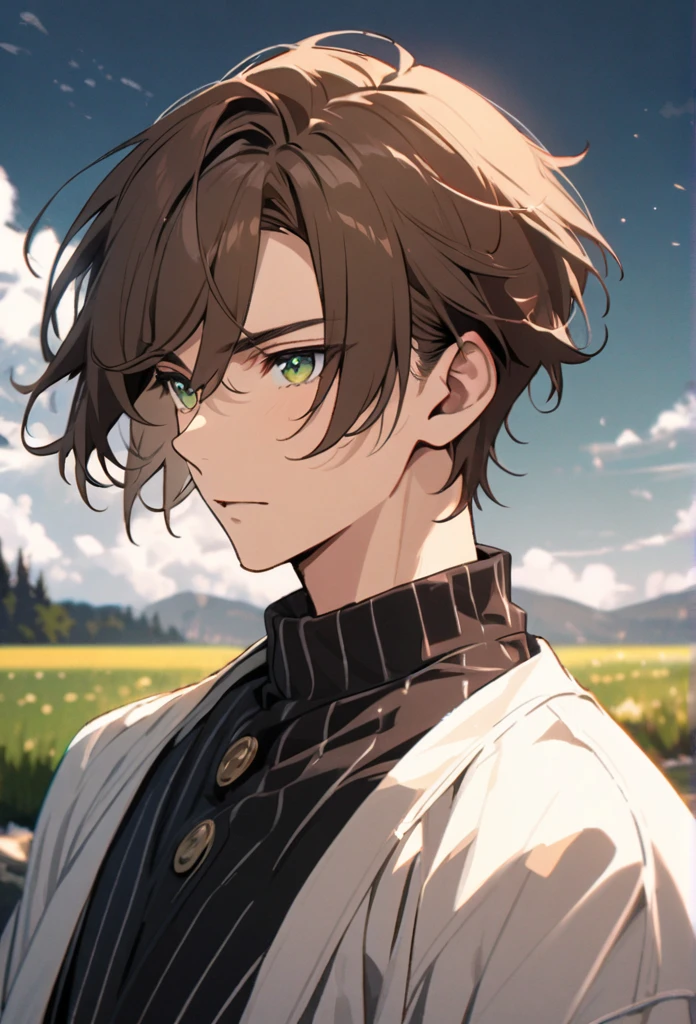 male,  brown hair, short hair, solo, green eyes, handsome, beautiful backround