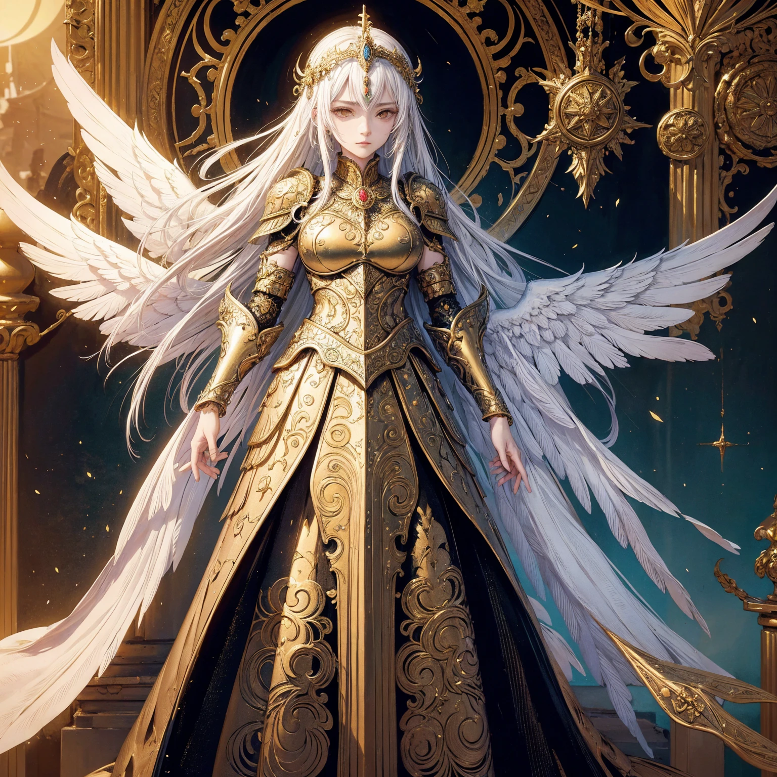 Art of woman wearing sun crown and ornate breastplate, a pair of armored angelic golden wings spread out behind the woman, ancient goddess art, Sacredness. Very detailed, Mysterious inspiration, Inspiration from the Sun God, Religious inspiration, Cold and snobbish face, No smile, Dangerous impersonal expressions, White hair, Standing, Full body portrait, Gothic art style, Weird art style, Occult art