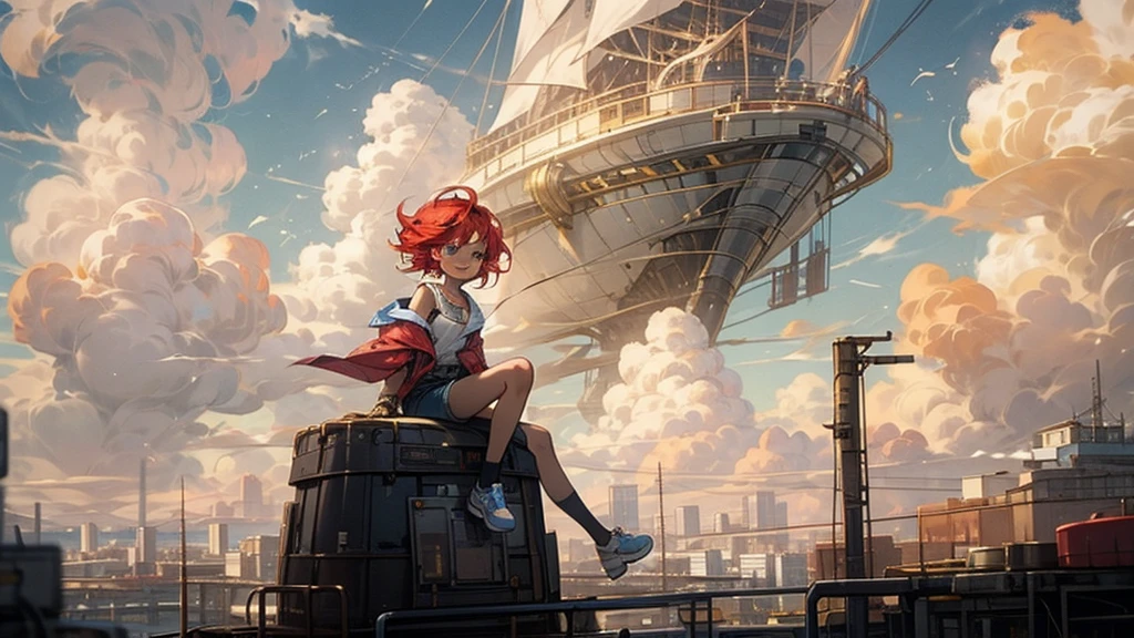 girl１people,Futuristic buildings,A golden airship flying in the sky,Blue sky,Flowing Clouds,sit,Looking up at the sky in the distance,Short Hair,Shortcuts,Red hair color,Blue Eyes,,boyish,Asian people,smile,Primary schokin,Being thin,freckles,White shorts,White tank top,Red jacket,Low position、