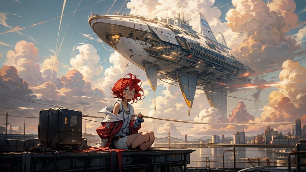 girl１people,Futuristic buildings,A golden airship flying in the sky,Blue sky,Flowing Clouds,sit,Looking up at the sky in the distance,Short Hair,Shortcuts,Red hair color,Blue Eyes,11 years old,boyish,Asian people,smile,Primary school students,Sunburned skin,Being thin,freckles,White shorts,White tank top,Red jacket,Low position、