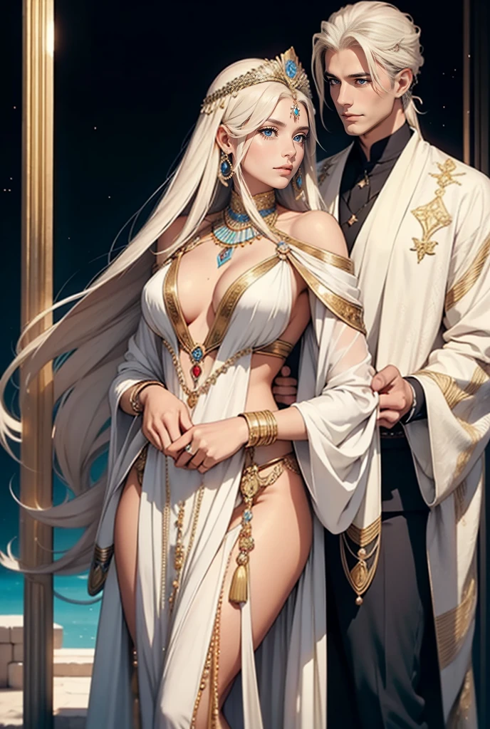 Tall, handsome, statuesque, courageous, adult man - platinum blonde, king of the Gods of ancient Egypt Amon-Ra, antique clothes on him, long straight platinum hair, blue eyes, long bangs, holding the hand of an incredibly beautiful young blonde, a femme fatale, she is an ancient Egyptian goddess-queen, she is wearing a thin silk gold a dress that accentuates her perfect figure, long golden hair gathered in a beautiful hairstyle decorated with pearls, topazes, sapphires, beautiful antique jewelry. They are in love with each other. Realistic image.