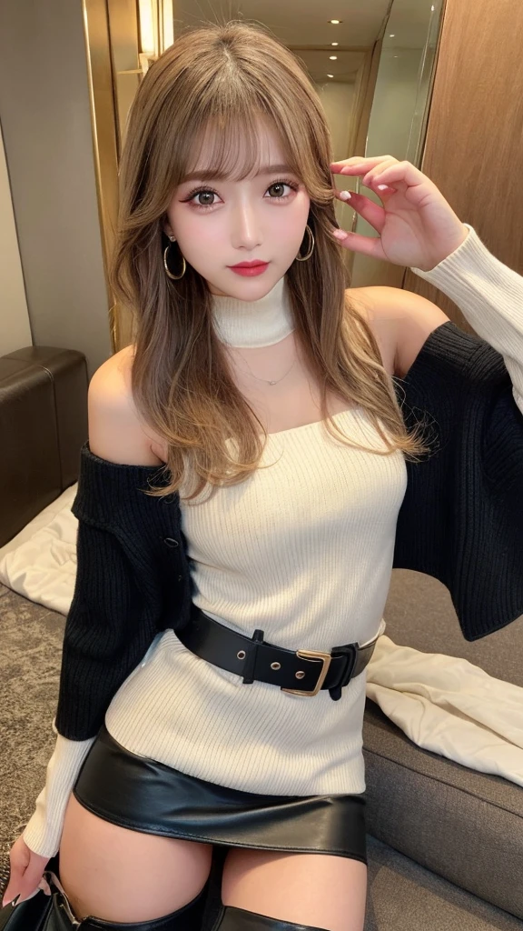 (2girls:1.4)、Put your chest close、High resolution、blondeヘア、girl、Light Hair Color、sexy、blonde、Thin legs、Beautiful eyelashes、High resolution、Zoom out、20-year-old、 Wide viewing angles、Highest quality、Very detailed、Finer details、High resolution、8k wallpaper、Beautiful eyes in every detail、Natural lip color、Off-the-shoulder sweater、leather skirt、mini skirt、(thigh-high boots:1.2)、Long Hair、wave hair、Hotel、Cute Face、belt、Small face、looking at the camera、Earrings