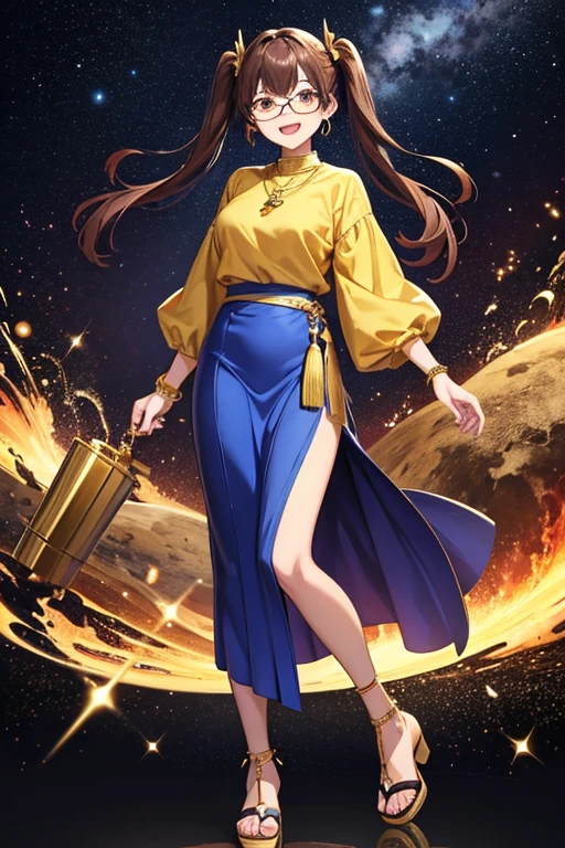 Anime Art、Full body portrait、Space SF Merchant、A woman around 34 years old, about 165cm tall, standing upright with a gold scale in one hand, wearing a blue shirt and a long skirt with a slit reaching down to the ankles、Red eyeshadow、Glasses、Laughing with mouth open、Her hairstyle is short twin tails.、２Chignon、Brown Hair、Dark Eyes、Gold earrings、Gold Necklace、Gold Bracelet、Red platform sandals