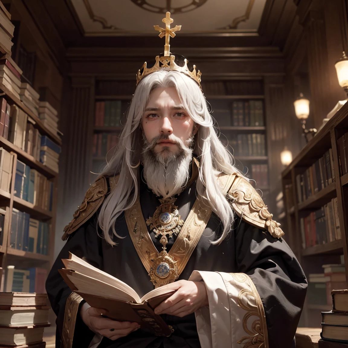 Old King of Another World、Long white hair and beard、An old crown and a heavy staff、A dignified look。Ancient Archives、Countless ancient documents and magical books lined up、Bookshelves reach to the ceiling、Mysterious atmosphere in the dim light。--ar 9:16 -- at 6.0 --s 750