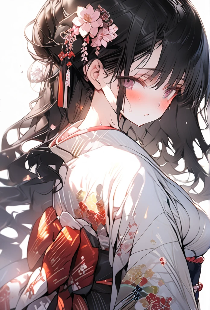 Full body, beautiful bosom, wearing a slightly revealing floral yukata, beautiful glossy black obi, masterpiece, hot and languid expression, slightly sweaty, 8K quality, black hair, hair down in front, hair back in a bun, flower hair ornament, cute round eyes with a pair of beady eyes like in a Japanese anime.