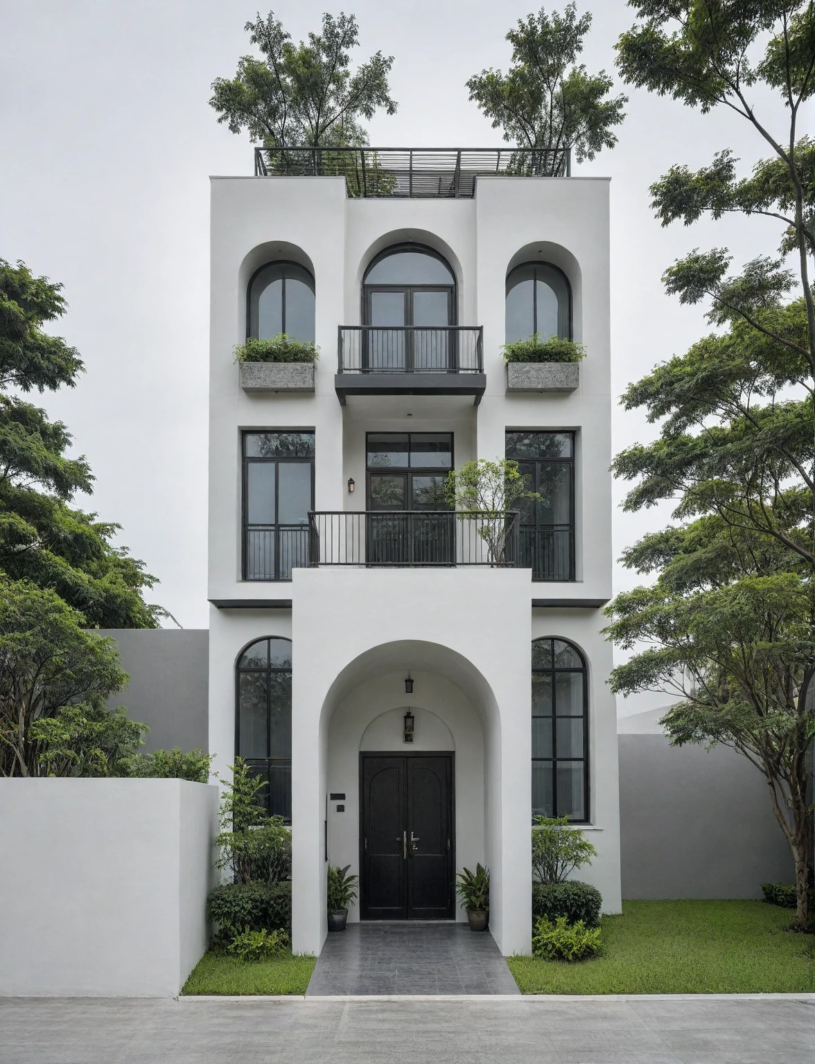 RAW photo, a photo of a modern house, (curvilinear chrchitecture:1.4), Wabisabi style rounded wall, white wall, steel dark gate, sidewalk, sidewalk trees, ((grey gate:1.2)), road, viet nam modern residence, ((architectural shot)), rough white wall, new residential area, wide angle exterior 2022, contemporary house, exterior photography, masterpiece, contemporary architecture, overcast, indirect lighting