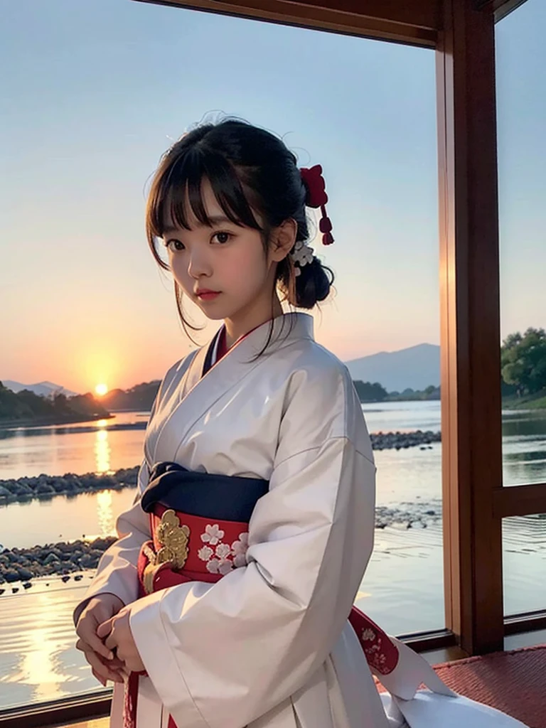 Image of a young girl in Japanese traditional dress, against the backdrop of the rising sun