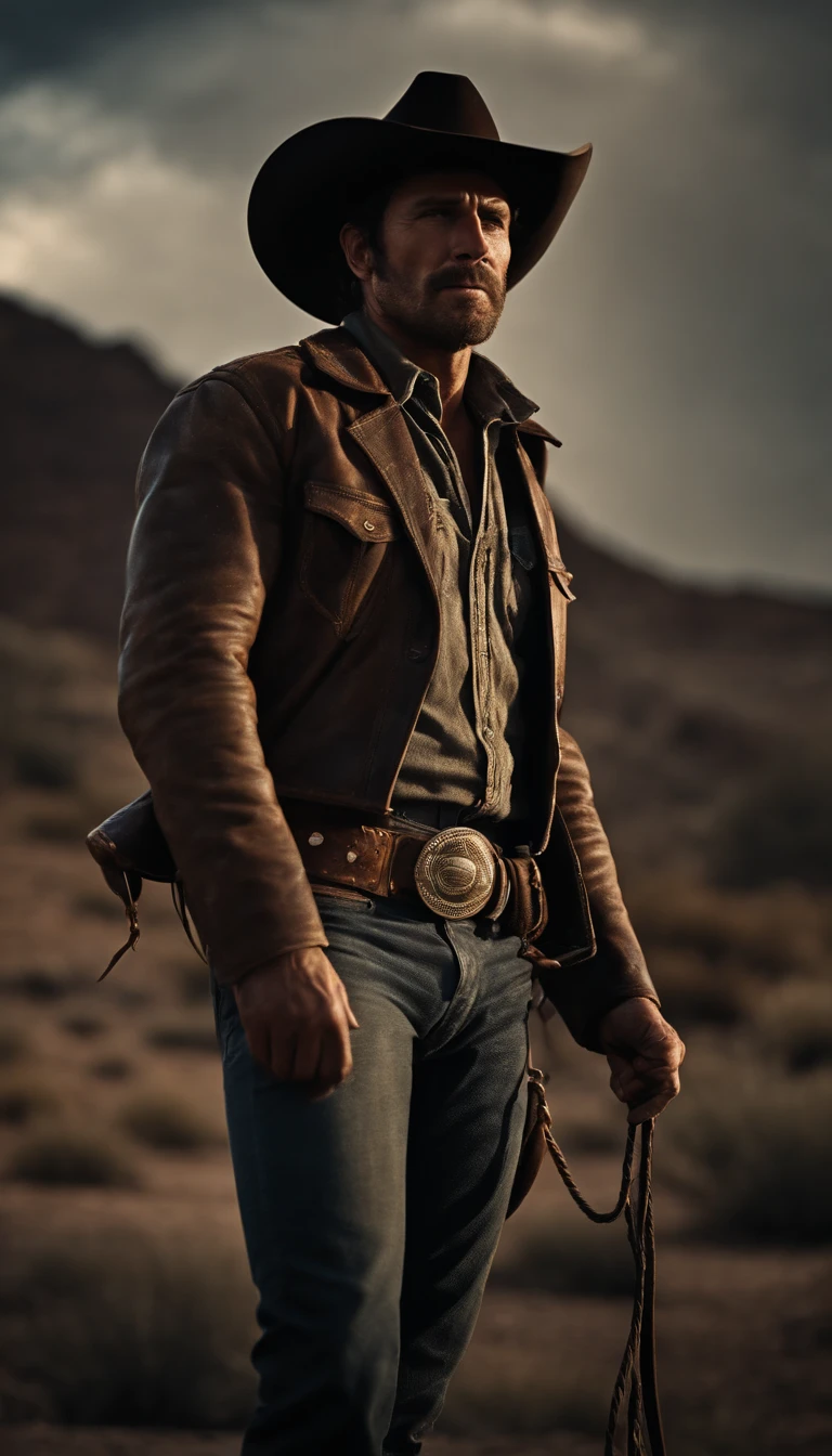 a realistic, full body shot of a dirty, rugged western cowboy, highly detailed face, muscular build, worn leather jacket and jeans, cowboy boots, holding a lasso, dramatic lighting, cinematic composition, muted color palette, gritty and weathered aesthetic, photorealistic, 8k, hyper detailed