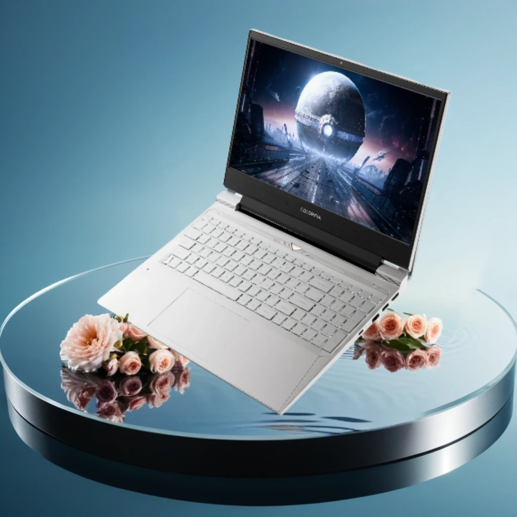 cinematic film still lake, water ripples, flat cylindrical countertop, clean countertop, a laptop sitting on it, mirrored reflections, flowers surrounding it, gradient background, simplicity, hauteur, ambience, scenography, 3D, OC rendering, center composition, extra wide