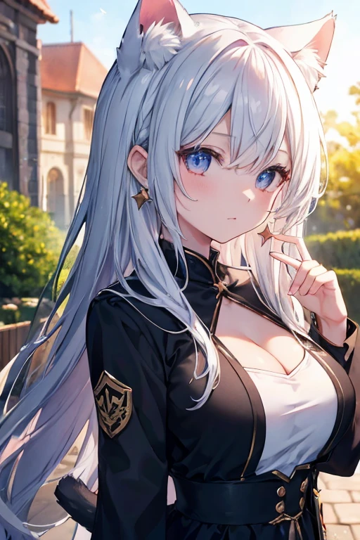 Animal Girls, Long Hair, Detailed eyes, students on fire, Play with people ,Large Breasts, Cleavage, Crescent-shaped earrings, star shaped hairpin, Abusing lens flares, chromatic aberration, Attention to detail, anime, Romanticism, About Art, Depth of written boundary, Motion Blur, Shining Light, Film Grain, 超High resolution, retina, Accurate, masterpiece, Anatomically correct, Textured skin, Super Detail, Attention to details, high quality, Awards, 最high quality, High resolution, 16K, Hands Behind Back, garden, Lots of cats