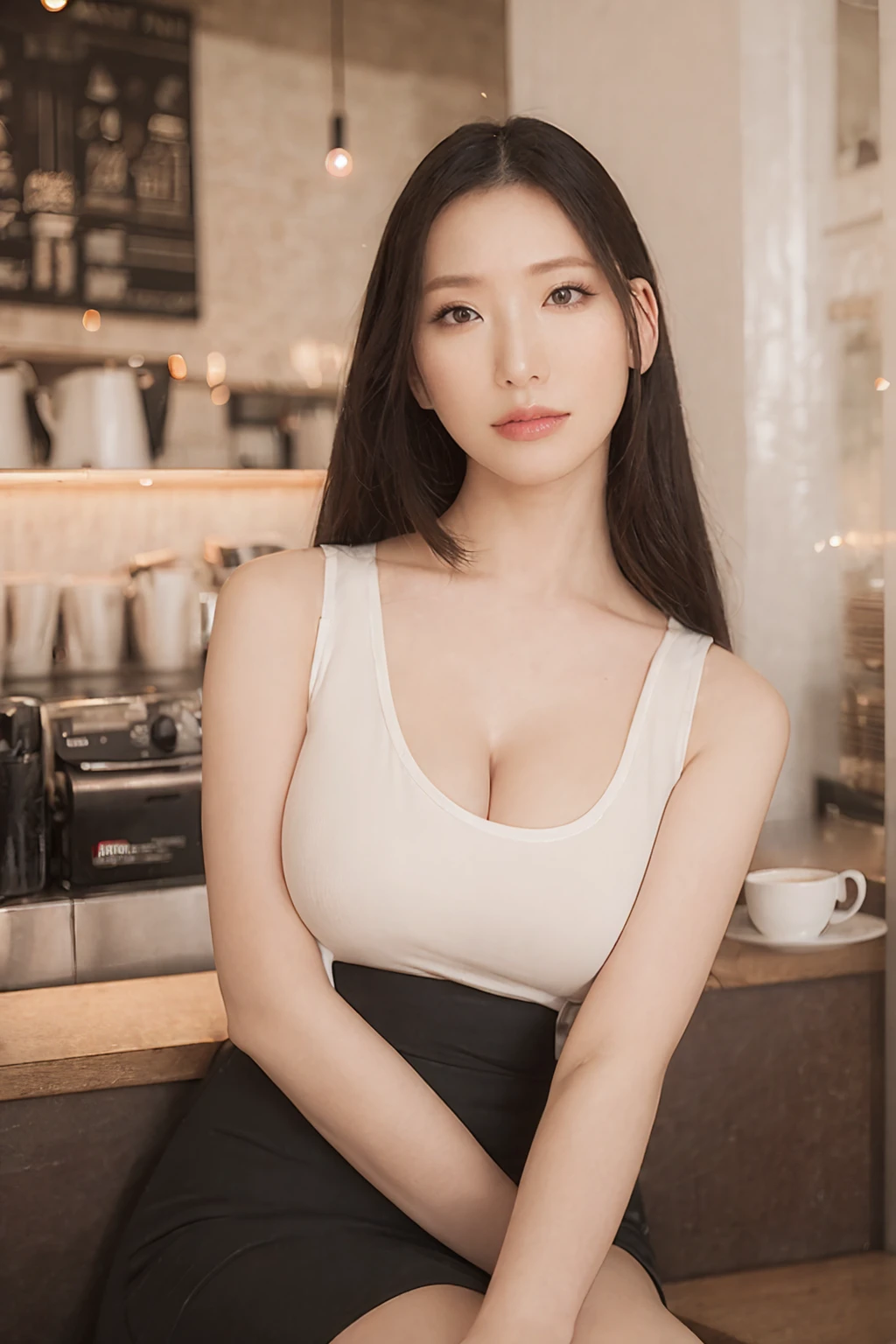 ((the highest quality、8k、A masterpie:1.3)), 1 woman, aisayama_jav, big breasts, cleavage, long hair, sitting, wearing tank top, skirt, highwaist,
looking at viewer, shot using canon DSLR,
realistic face, sitting in a crowded coffee shop, detailed face, detailed skin, detailed eyes,
(ultimate quality, masterpiece, highres:1.0), realistic:1.6, photorealistic, professional photography, portrait photography,