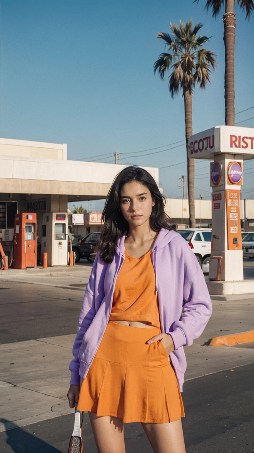 photo cinematic photograph long shot portraits by Wes Anderson, cute 23 yo girl ,fokus, bokeh ,wear ((orange color oversized_hoodie)), wear ((purple tennis skirt)),looking at camera,Best Quality,Masterpiece,Ultra High Resolution,(Realisticity:1.4),Original Photo, 1Girl, light leak,ultra high resolution,UHD,beautiful, (black bob hair), almond eye, no makeup, in front of ((80's los angles gas station)), (realistic:1.2), (surreal:1.3), (very detailed:1.1), ((masterpiece)),(summer), blue sky, ((palm trees)),sunny, los angles vibes,film camera, 800mm lens,style of Philip Lorca diCorcia