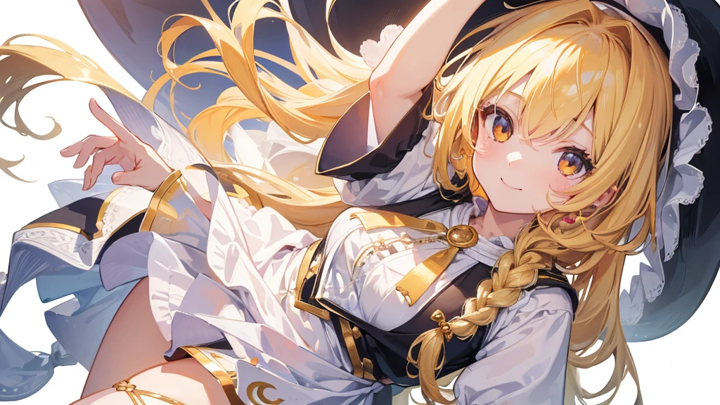 (Highest quality) (4K) (8k) (High resolution) (masterpiece:1.2) (Super detailed) One girl smile Offer your hand (White Background) Marisa Kirisame Golden braid hair