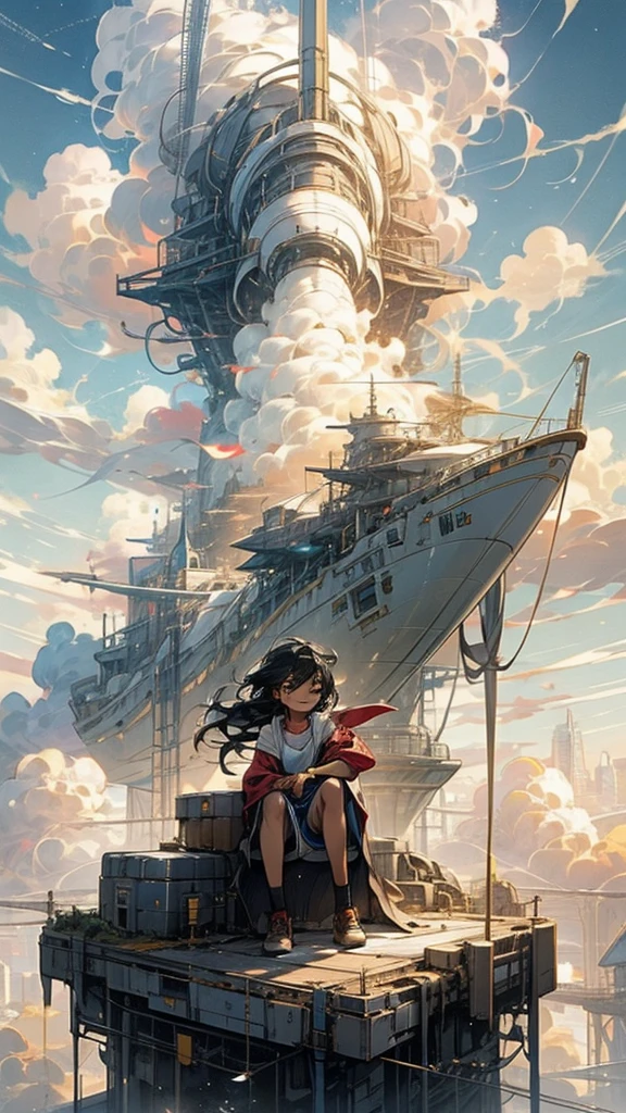 girl１people,Futuristic buildings,A golden airship flying in the sky,Blue sky,Flowing Clouds,sit,Looking up at the sky in the distance,long Hair,Shortcuts,black hair color,Blue Eyes,11 years old,boyish,Asian people,smile,Primary school students,Sunburned skin,Being thin,freckles,White shorts,White tank top,Red jacket,Low position、