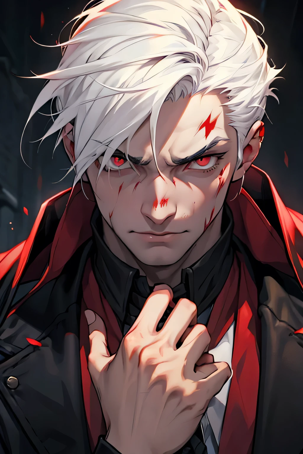 Tall vampire, seriously injured, bruises on the face, short and white hair, Scarlet eyes,