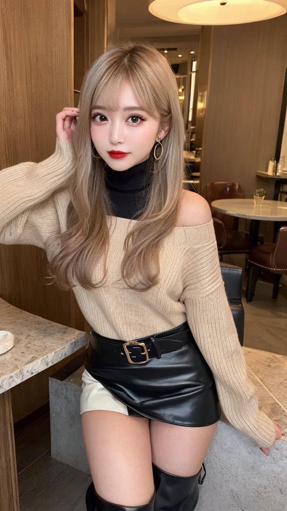 (2girls:1.5)、Embrace each other、High resolution、blondeヘア、girl、Light Hair Color、sexy、blonde、Thin legs、Beautiful eyelashes、High resolution、Zoom out、20-year-old、 Wide viewing angles、Highest quality、Very detailed、Finer details、High resolution、8k wallpaper、Beautiful eyes in every detail、Natural lip color、Off-the-shoulder sweater、leather skirt、mini skirt、(thigh-high boots:1.2)、Long Hair、wave hair、Hotel、Cute Face、belt、Small face、looking at the camera、Earrings